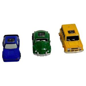 Vintage Micro Machines PRIVATE EYES 1990 Galoob taxi cab, blue toyota, VW beetle